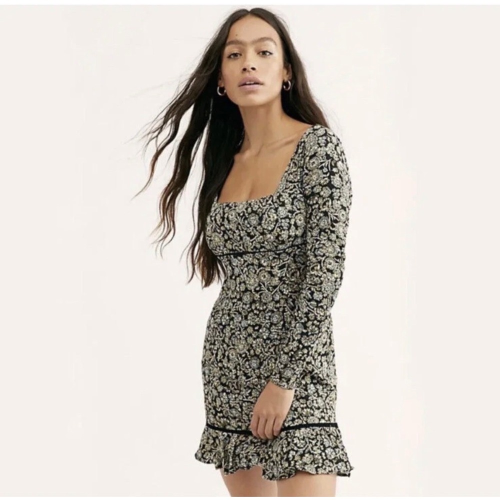Free People Boheme Long Sleeve Mini Dress in Black Floral Size 6